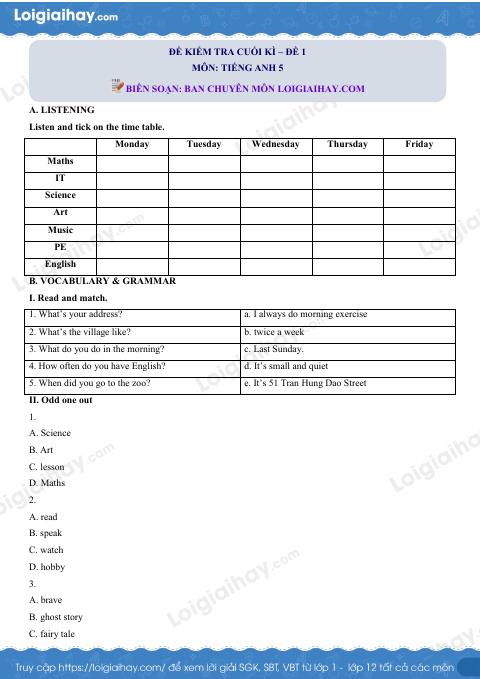 Đề thi học kì 1 Tiếng Anh 5 - Đề số 1